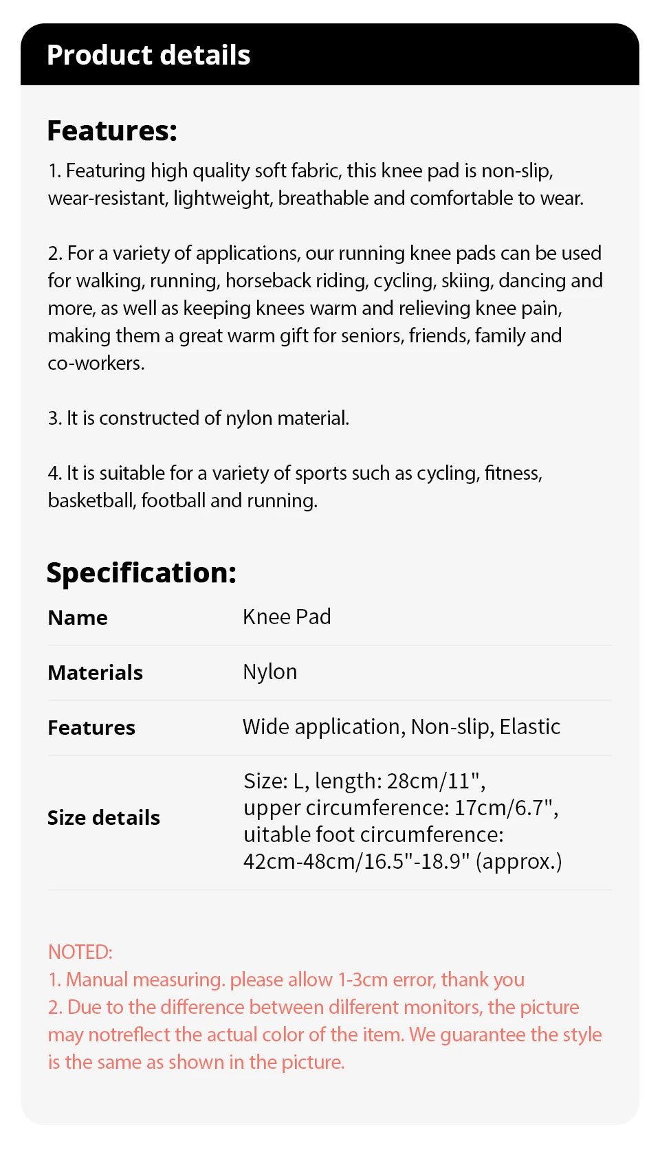 Single Knitted Nylon Sports Knee Pad Riding Protective Gear Running Basketball Skipping Rope Warm Knee Pad Foot Cold Proof Black